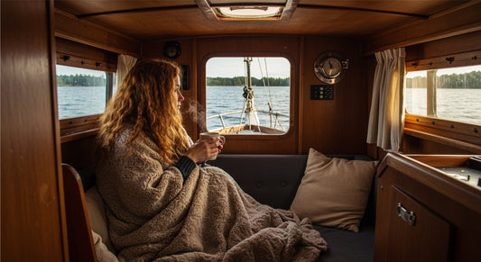 A girl in a warm boat by General Components heater.