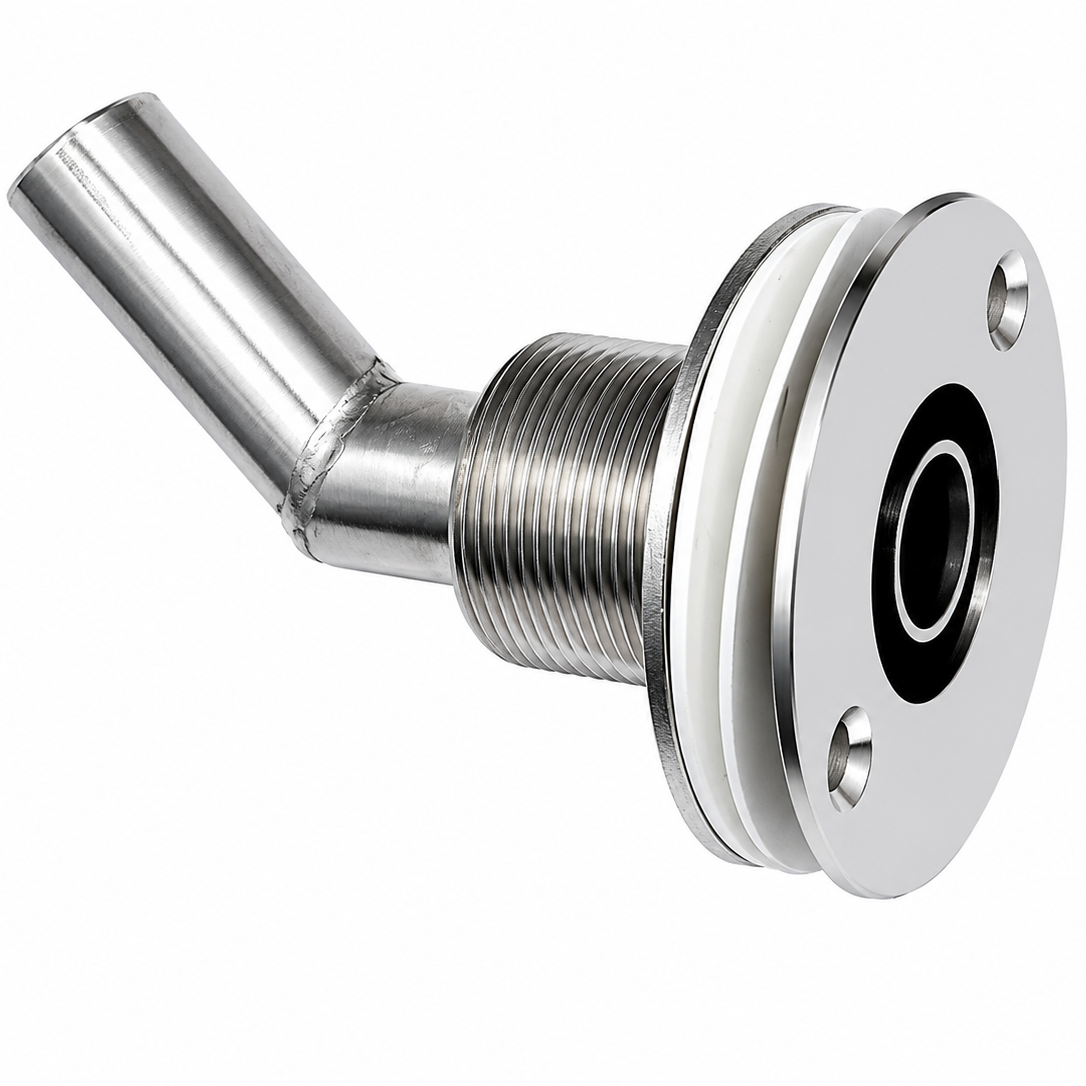 Thru Hull Fitting, 22 mm, 90° Base, Angled Connector, Boltless