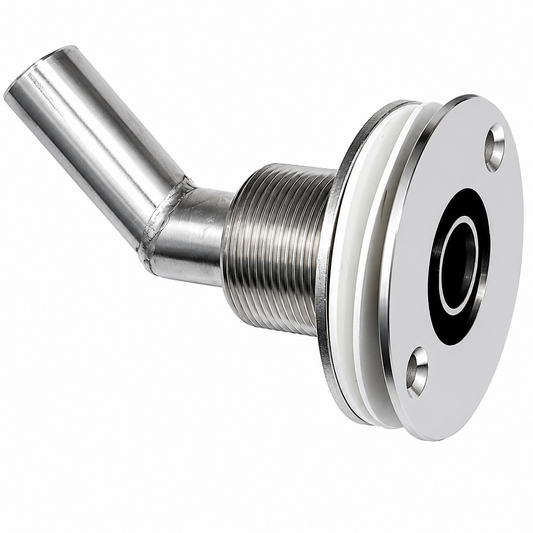 Thru Hull Fitting, 22 mm, 90° Base, Angled Connector, Boltless