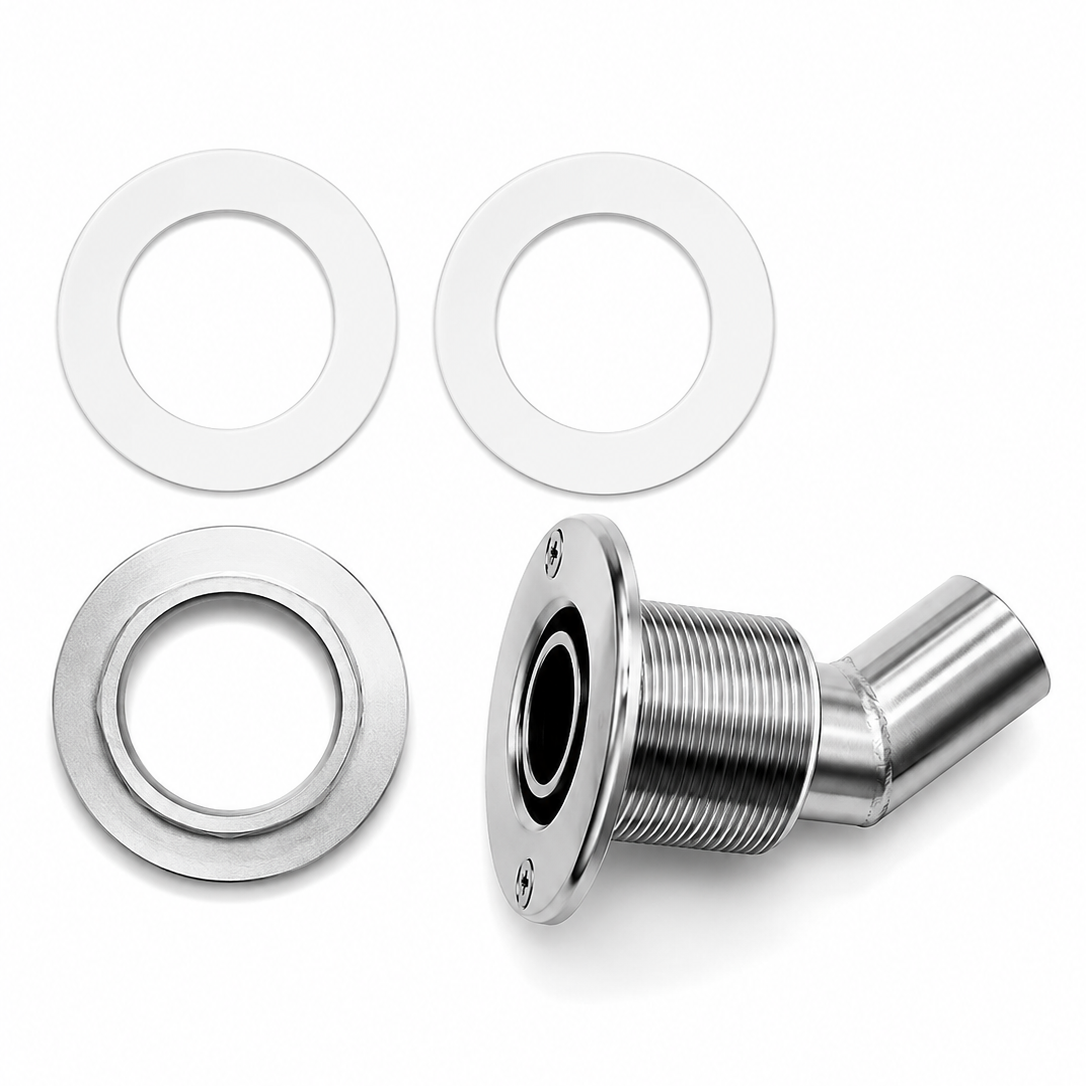 Thru Hull Fitting, 38 mm, 90° Base, Angled Connector, Boltless
